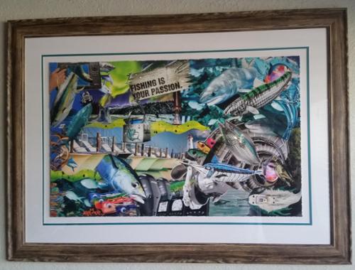Themed to a culture of people who live with the taste of salt water on their lips Reel Passion was inspired by those who have a love and passion for the sea! 

This is a Museum Paper Giclee - tripple mat with wood acid washed wood frame ... Value $1,800 .... or $1,200 with Black Frame. 